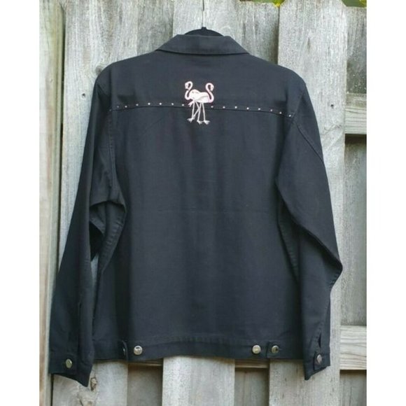 Las Olas Women M Black Denim Jean Jacket Pink Flamingo Rhinestone - Picture 7 of 9
